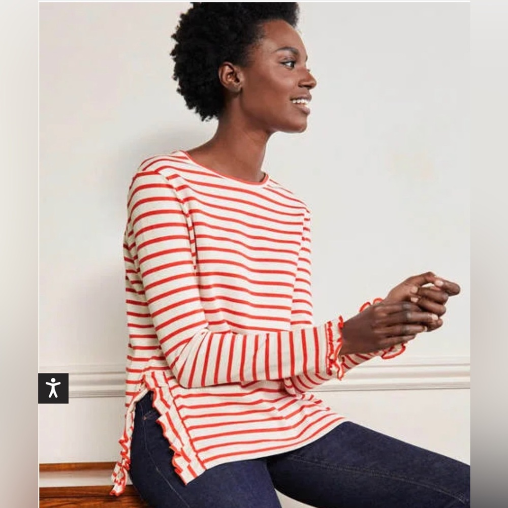 Boden Red White Striped Long Sleeve Frill Side Split Jersey Top Size 6